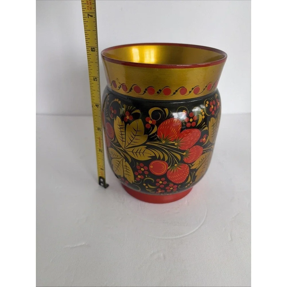 Vintage USSR Khokhloma Russian Folk Art Wood Floral Vase Leaves Berries